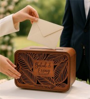 Takı / Zarf Sandığı - İsimli, Ahşap, Yaprak Desenli & Kalite - Özel Anılara Yakışır Şık ve Anlamlı Bir Sunum