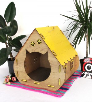 Hobbit Tarzı Kedi Evi Çift Renkli Ahşap / Sarı - Evcil Hayvan Ürünleri, Kedi Konforu, Kedi Yaşam Alanı