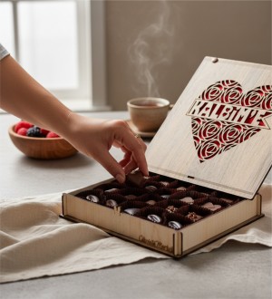 Hediye Çikolata Gül ve Kalp Desenli Kutuda -Kalbim'e- Yazılı - Romantik Anlara Özel Zarif Bir Sunum