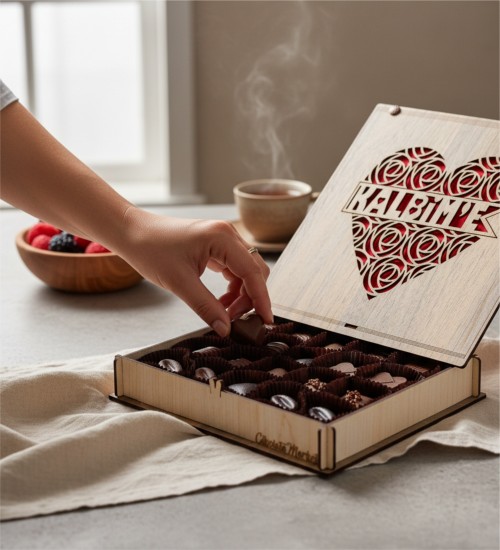 Hediye Çikolata Gül ve Kalp Desenli Kutuda -Kalbim'e- Yazılı - Romantik Anlara Özel Zarif Bir Sunum