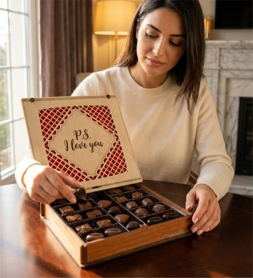 Hediye Çikolata -P.S. I Love You- Yazılı Süslemeli Ahşap Kutu ile Gelenekten İlham Alan Zarif Bir Sunum