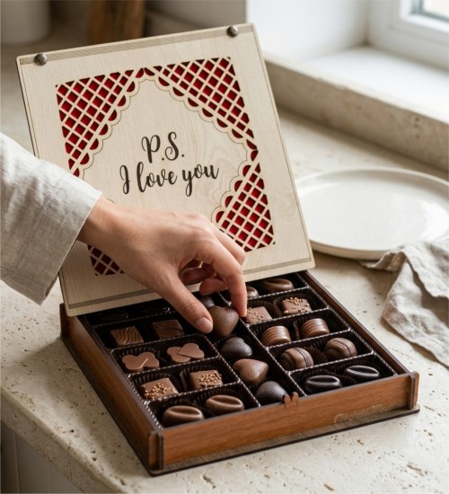Hediye Çikolata -P.S. I Love You- Yazılı Süslemeli Ahşap Kutu ile Gelenekten İlham Alan Zarif Bir Sunum