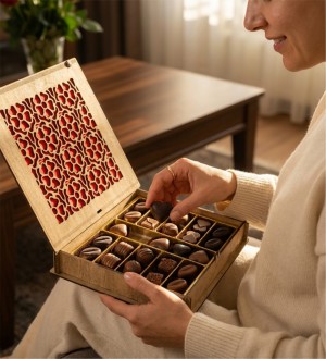 Hediyelik Çikolata - Çiçek Desenli Tasarım, Şık Ahşap Kutusuyla Zarif ve Renkli Bir Lezzet Sunumu