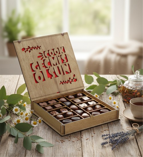 Hediyelik Çikolata -Çook Geçmiş Olsun- Yazılı Ahşap Kutulu, Moral Veren Lezzetli Bir Sürpriz