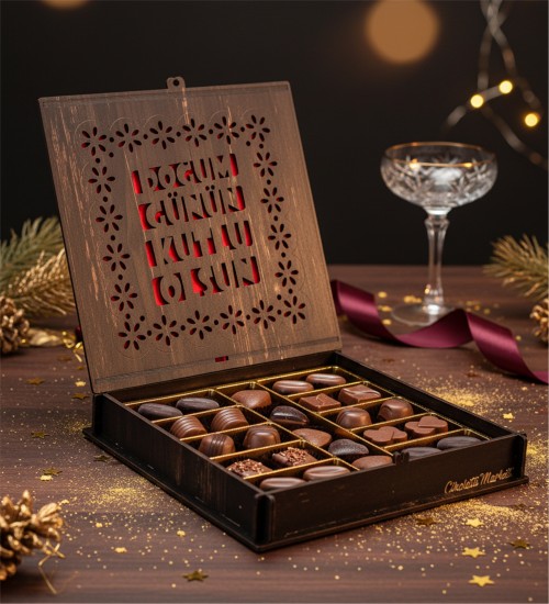 Hediyelik Çikolata - Doğum Günün Kutlu Olsun Yazılı Şık Ahşap ile Mutlu Anları Lezzetle Unutulmaz Kılın