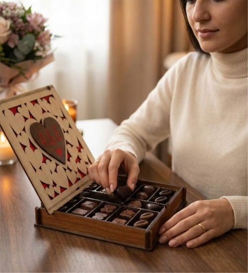 Hediyelik Çikolata - Kalplerle Süslenmiş Harfli Ahşap Kutulu - Kişisel ve Romantik Bir Tatlı Sürpriz