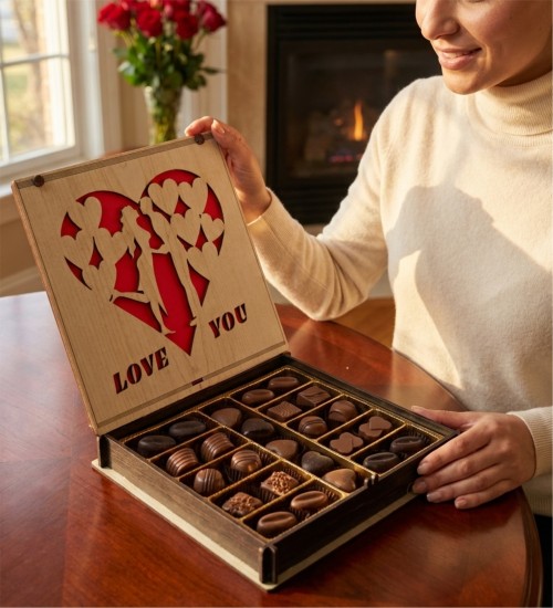 Hediyelik Spesiyal Çikolata -Love You- Yazılı Ahşap Kutulu - Kalpten Gelen Lezzetli Bir Hediye Sunun