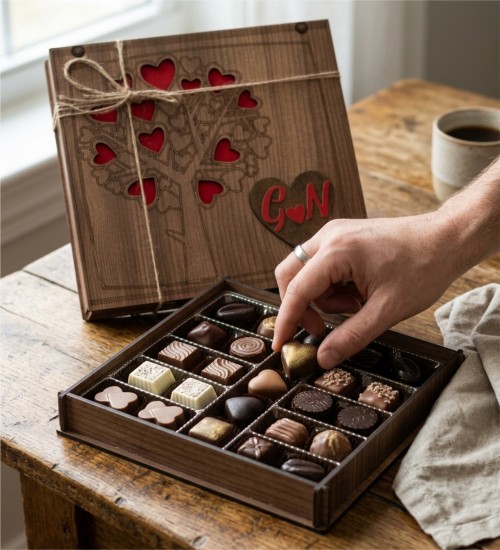Hediyelik Çikolata - Harfli ve Aşk Ağacı Temalı Ahşap Kutulu - Sevdanızın Kök Salan Hali