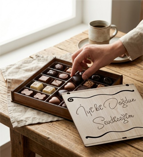 Hediyelik Çikolata - Kişiye Özel Mesajlı ve Ahşap Kutulu - Tatlı Bir Sürprizle Kalplere Dokunun