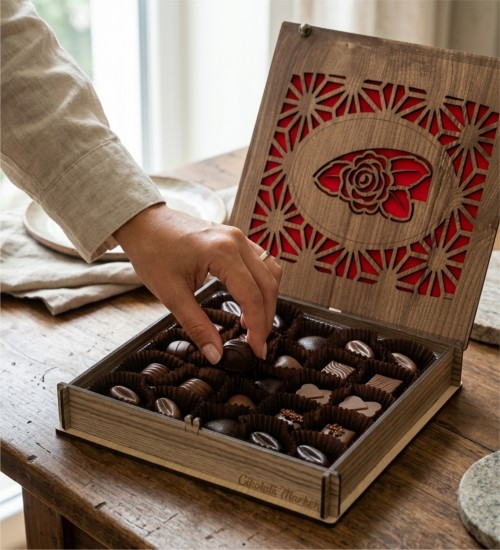 Hediyelik Çikolata Kutusu - Gül Motifli Şık Ahşap Tasarım ile Romantik Anlar İçin Zarif Bir Lezzet Seçeneği