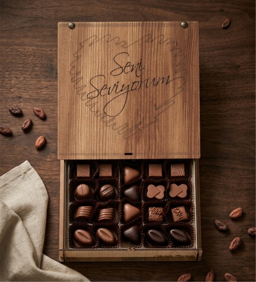 Kalpli Çikolata, Kutulu Hediye -Seni Seviyorum- Yazılı Ahşap - Aşkınızı Tatlı Bir Sözle Taçlandırın