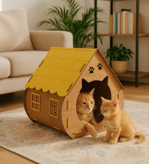 Hobbit Tarzı Kedi Evi Çift Renkli Ahşap / Sarı - Evcil Hayvan Ürünleri, Kedi Konforu, Kedi Yaşam Alanı