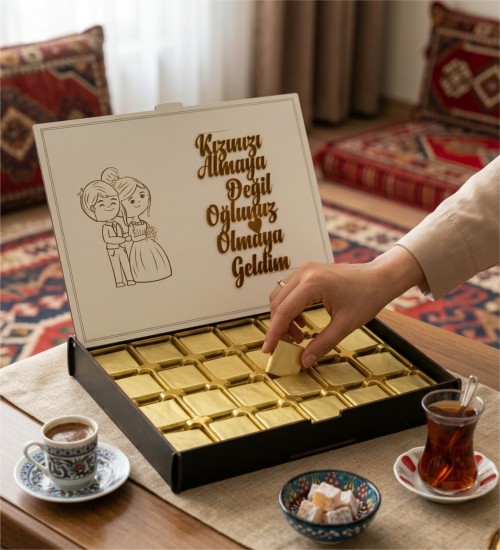 Kız İsteme Çikolatası - Kızınızı Almaya Değil Oğlunuz Olmaya Geldim Yazılı, Mizahi ve Anlamlı Sözüyle Kalpleri Kazanın