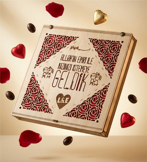 Kız İsteme Çikolatası - Kişiye Özel, Harfli, Kalpli, Drajeli Şık Sunum - Kız İstemenin En Tatlı Yolu