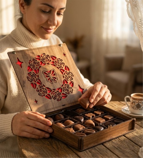 Kutulu Hediyelik Çikolata - Kelebek ve Gül Motifi Desenli - Zarif Desenlerle, Aşkı ve Lezzeti Aynı Kutuda Sunun