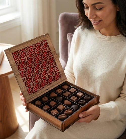 Kutulu Şık Hediye Çikolata - Gül Motifi Desenli Ahşap Tasarım ile Zarafeti ve Lezzeti Buluşturan Özel Seçim