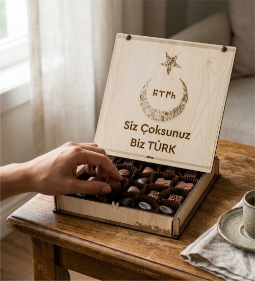 Kutulu Hediye Çikolata -Siz Çoksunuz Biz Türk- Yazılı Ahşap - Anlam Yüklü, Milli Ruhlu Bir Lezzet Hediyesi