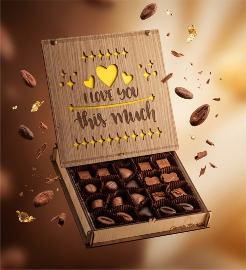 Kutulu Hediyelik Çikolata -I Love You This Much- Yazılı Ahşap ile Sevginizi Tatlı Bir Cümleyle Dile Getirin