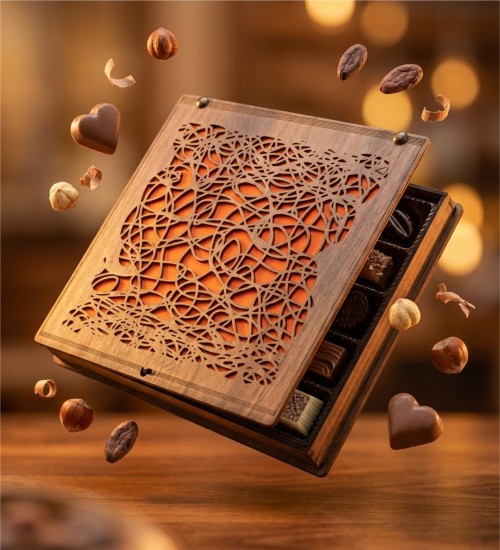 Kutulu Hediyelik Spesiyal Çikolata Şık Sarmal Desenli Ahşap, Estetik ve Lezzetin Uyumu ile Hazırlandı