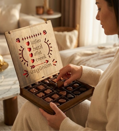 Özür Hediyesi Şık Çikolata Kutusu -Lütfen Beni Affet- Yazılı, İçten Bir Özrün En Lezzetli Hali