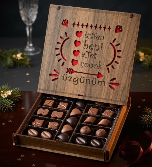 Özür Hediyesi Şık Çikolata Kutusu -Lütfen Beni Affet- Yazılı, İçten Bir Özrün En Lezzetli Hali
