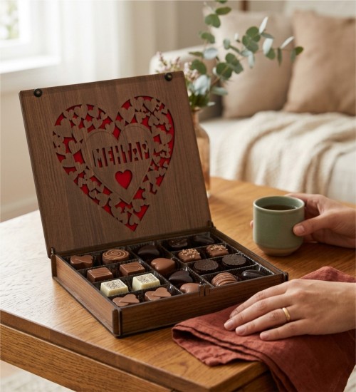 Sevgiliye Hediye Çikolata - Kalplerle Süslü, İsimli ve Kutulu - Aşkınızı Sözlerle Değil, Lezzetle Anlatın