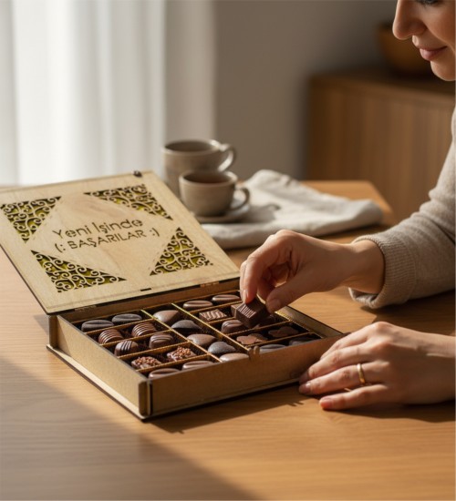 Şık Kutulu Hediyelik Çikolata -Yeni İşinde Başarılar- Yazısıyla Yeni Başlangıçlara Tatlı Bir Motivasyon Katın