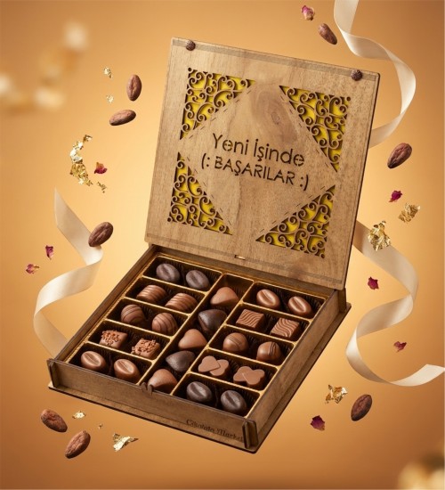 Şık Kutulu Hediyelik Çikolata -Yeni İşinde Başarılar- Yazısıyla Yeni Başlangıçlara Tatlı Bir Motivasyon Katın
