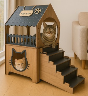 Çift Katlı Teraslı Dublex Kedi Evi:  Evcil Dostlarınız İçin Şık ve Konforlu Bir Yaşam Alanı - Teraslı Kedi Evi, İç Mekan Kedi Evi, Modern Kedi Evi