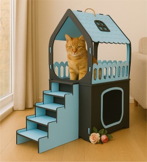 Çift Katlı, Teraslı, Dublex Kedi Evi - Kedinize Konforlu Bir Alan - Bebek Mavisi + Antrasit Gri - Teraslı Kedi Evi, İç Mekan Kedi Evi, Modern Kedi Evi