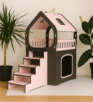 Çift Katlı, Teraslı, Dublex Kedi Evi - Kedinize Konforlu Bir Alan - Bebek Pembesi + Antrasit Gri - Teraslı Kedi Evi, İç Mekan Modern Kedi Evi