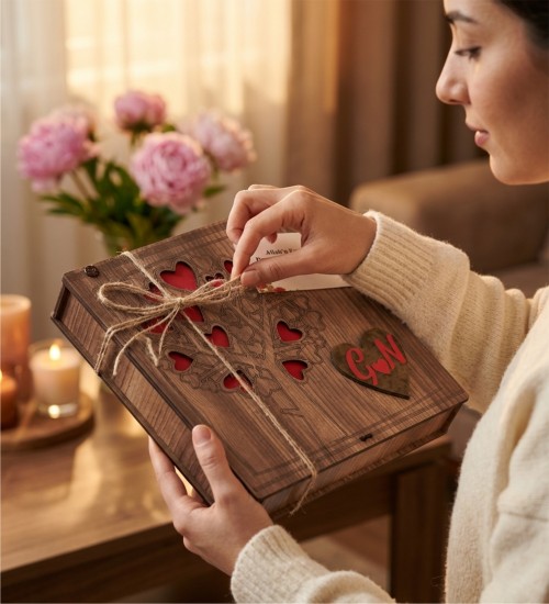 Hediyelik Çikolata - Harfli ve Aşk Ağacı Temalı Ahşap Kutulu - Sevdanızın Kök Salan Hali