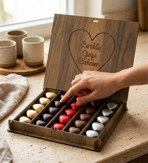 Hediyelik Kalpli Çikolata - Birlikte Göğe Bakalım Yazılı, Romantik Ruhlara Özel Anlam Yüklü Bir Tatlı