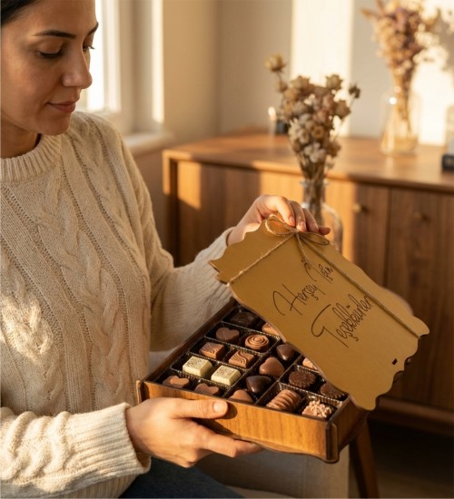 Her Şey İçin Teşekkürler Yazılı Ahşap Kutulu Hediyelik Teşekkür Çikolatası