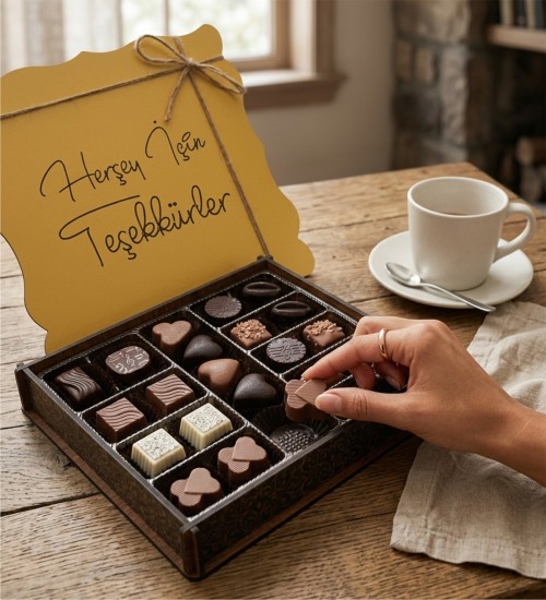 Her Şey İçin Teşekkürler Yazılı Ahşap Kutulu Hediyelik Teşekkür Çikolatası