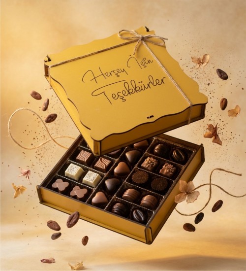 Her Şey İçin Teşekkürler Yazılı Ahşap Kutulu Hediyelik Teşekkür Çikolatası