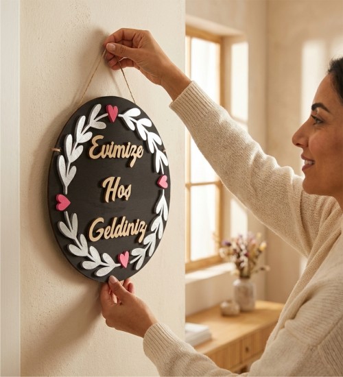 Kapı Süsü - Evimize Hoş Geldiniz Yazılı Ağaç ve Kalp Detaylı - Sıcacık ve Samimi Bir Karşılama Sunun