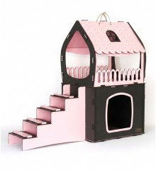 Kedi Evi Çift Katlı ve Teraslı - Bebek Pembesi + Antrasit Gri - Kediniz İçin Modern, Ferah ve Şık Bir Yaşam Alanı