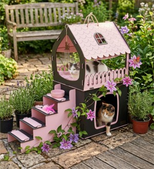 Kedi Evi Çift Katlı ve Teraslı - Bebek Pembesi + Antrasit Gri - Kediniz İçin Modern, Ferah ve Şık Bir Yaşam Alanı