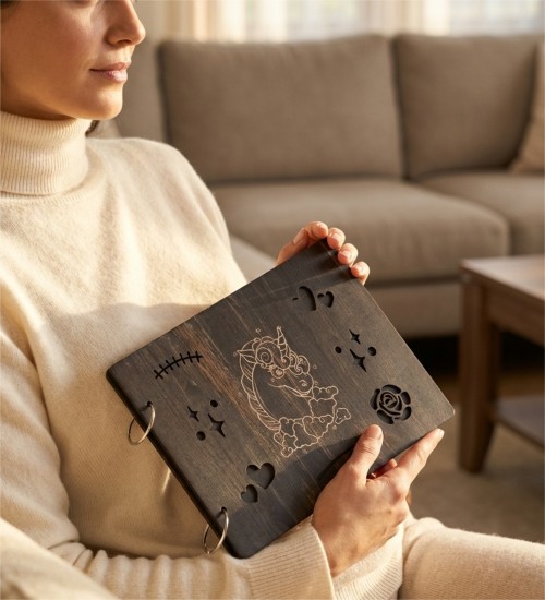 Kendin Yap Bebek Fotoğraf Albümü - Ahşap, Unicorn Süslemeli ile Masalsı Anılarınızı Renkli Sayfalarda Toplayın