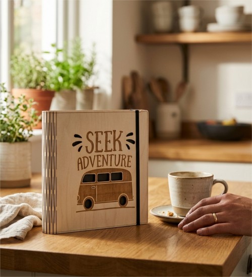 Seyahat Fotoğraf Albümü -Seek Adventure- Yazılı Ahşap Tasarım - Anılarınızı Keşif Ruhu ile Saklayın