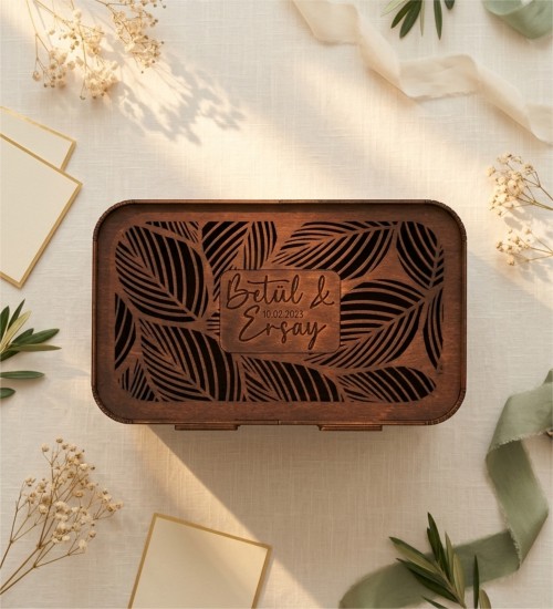 Takı / Zarf Sandığı - İsimli, Ahşap, Yaprak Desenli & Kalite - Özel Anılara Yakışır Şık ve Anlamlı Bir Sunum