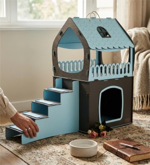 Teraslı Kedi Evi - Dubleks, Bebek Mavisi + Antrasit Gri - Modern Dekora Uyumlu Şık ve Ferah