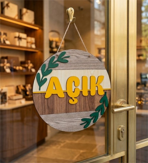 -Açık- Yazılı Ahşap Kapı/Duvar Süsü Mağazalara Özel Tasarımı ile Profesyonel ve Zarif Bir İzlenim