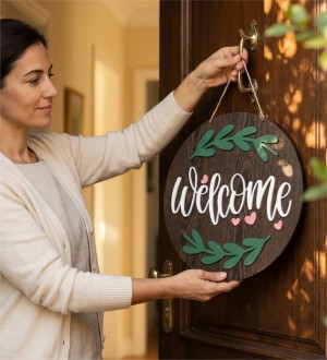 Kalpli Kapı Süsü -Welcome- Yazılı Ağaç Dalı Süslemeli Ahşap ile Sevgi Dolu Bir Giriş Atmosferi
