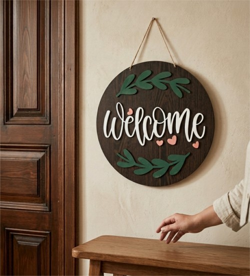 Kalpli Kapı Süsü -Welcome- Yazılı Ağaç Dalı Süslemeli Ahşap ile Sevgi Dolu Bir Giriş Atmosferi