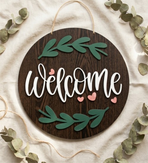 Kalpli Kapı Süsü -Welcome- Yazılı Ağaç Dalı Süslemeli Ahşap ile Sevgi Dolu Bir Giriş Atmosferi