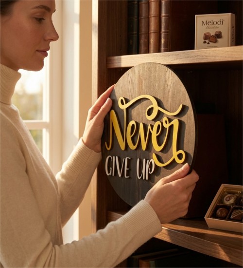 Kapı/Duvar Süsü -Never Give Up - Asla Pes Etme- Motive Edici Tasarımı ile Gününüze Güç Katın