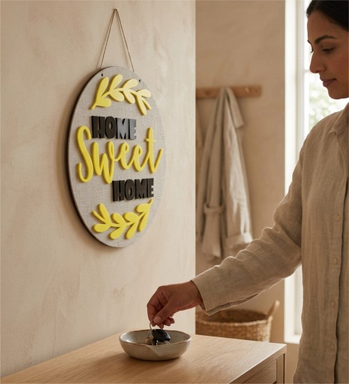 Kapı Süsü Pleksi + Ahşap - Home Sweet Home Yazılı, Süslemeli - Evinizin Girişine Sıcacık ve Zarif Bir Karşılama
