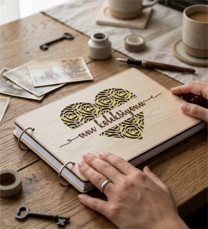 Kendin Yap Fotoğraf Albümü - Kalp Desenli Tasarım Ahşap Kapak ile Sevgiyi Sayfa Sayfa Yaşatın